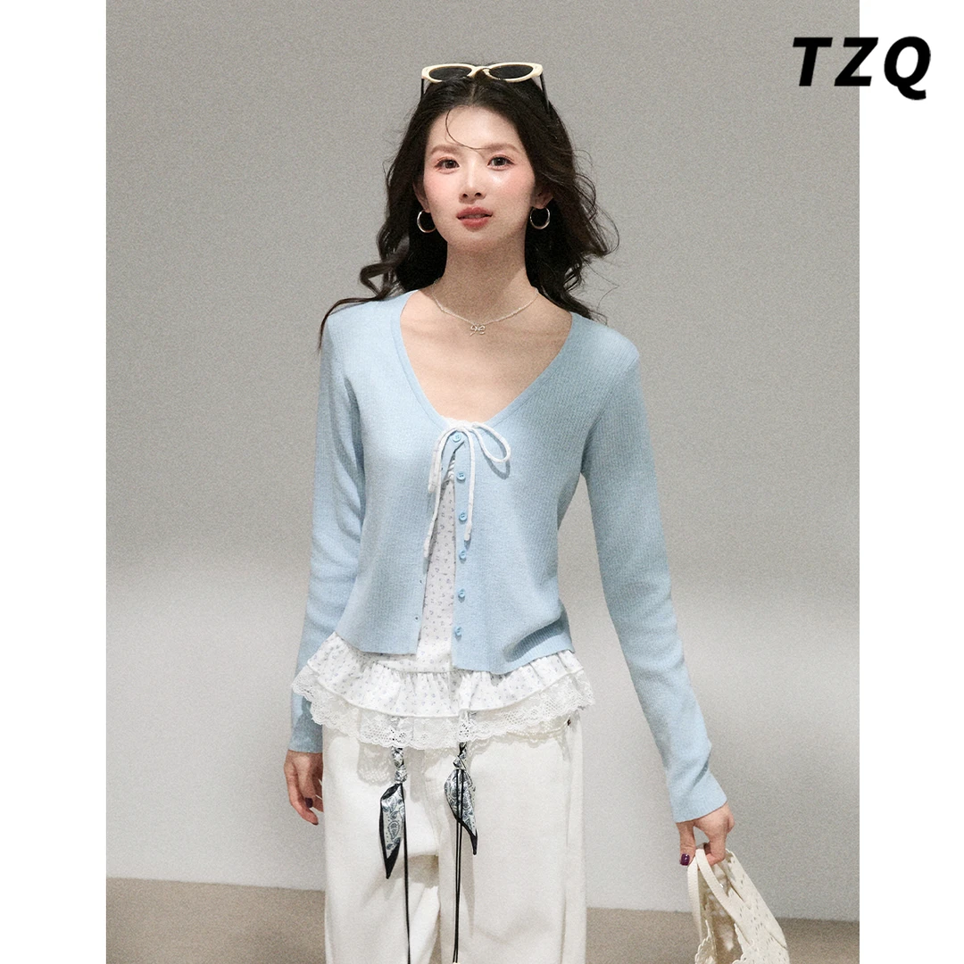 碎花蕾丝拼接无袖背心吊带针织短开衫外套女秋季两件套TZQ2591139