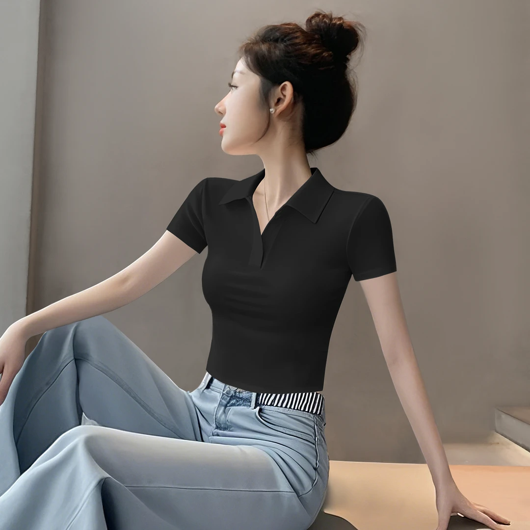 黑色美式复古polo领短袖T恤女2025夏季新款辣妹修身显瘦正肩上衣