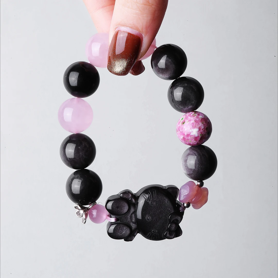 足银手链 S09321 黑色卡通凯特猫猫花朵粉色黑珠珠拼接手链