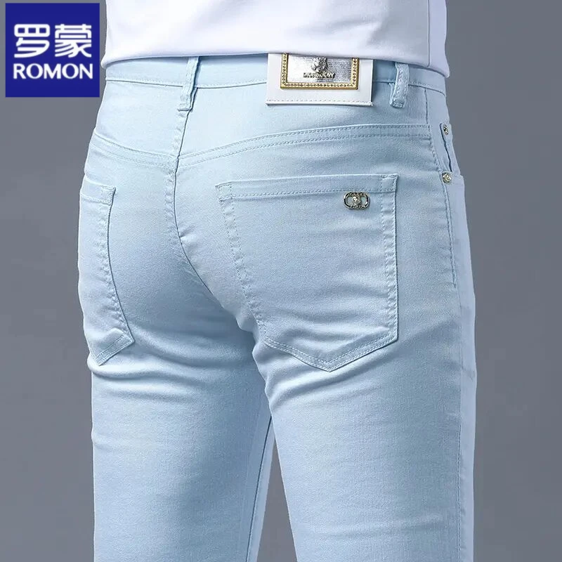 罗蒙高端浅蓝色牛仔裤男士修身弹力小脚裤商务秋冬新款休闲长裤子