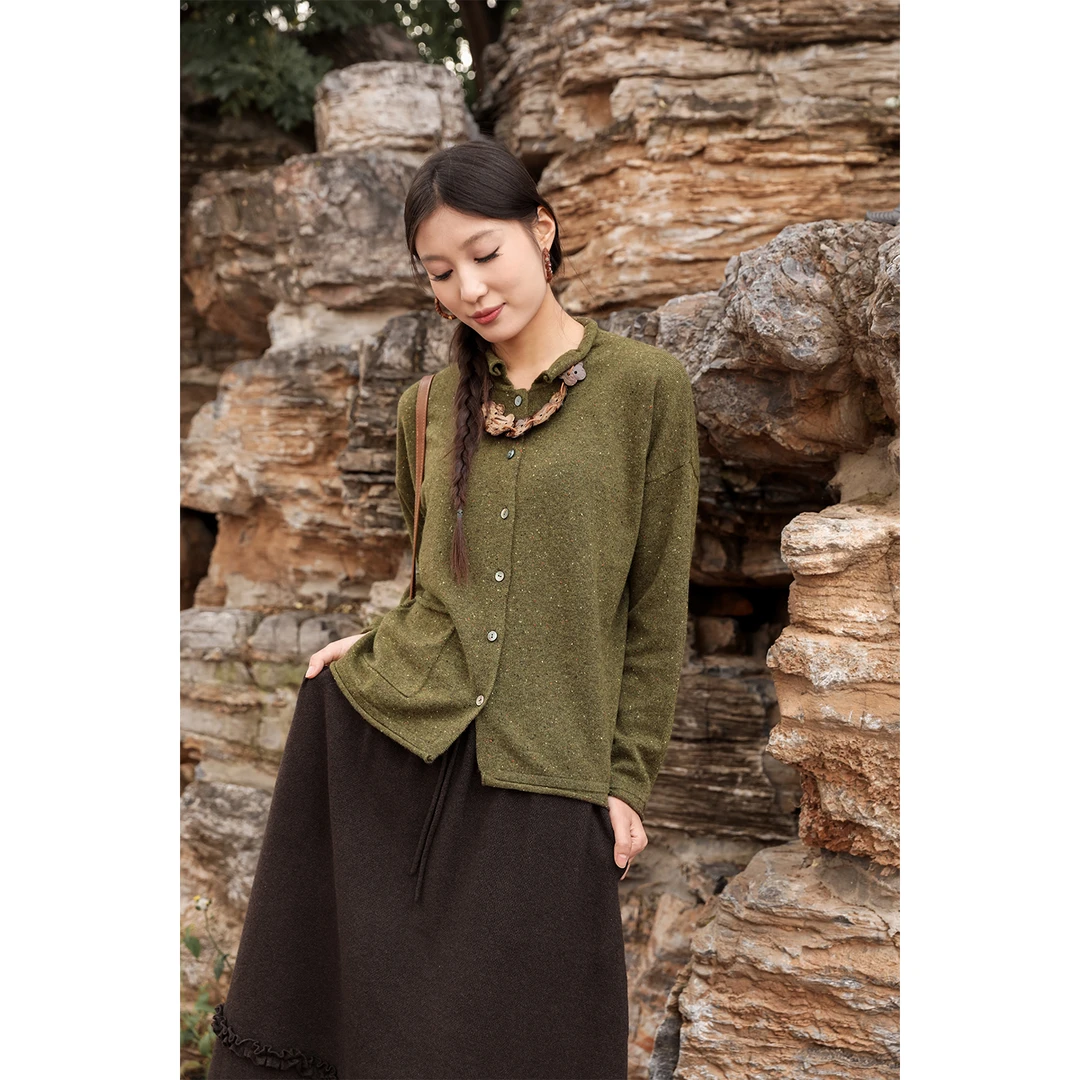 润帛 【冬序】针织纯羊绒翻领卷边单兜开衫法式通勤保暖不臃肿