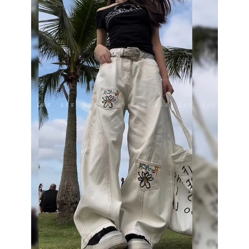 美式辣妹设计感彩绘雏菊印花牛仔裤男女宽松bf慵懒风拖地弯刀裤潮