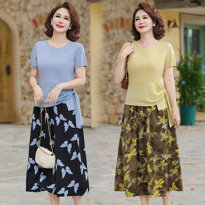 2025夏季新款中老年女士短袖上衣裙子洋气显瘦气质时尚小衫半身裙