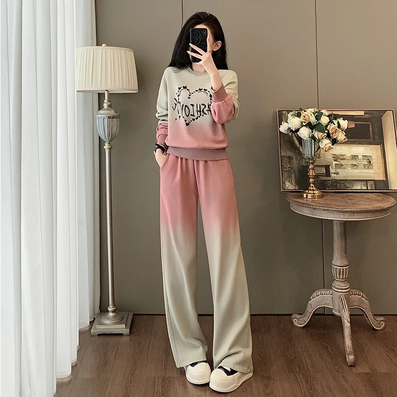 扎染休闲运动套装女秋季新款慵懒风爱心印花圆领卫衣长裤两件套潮