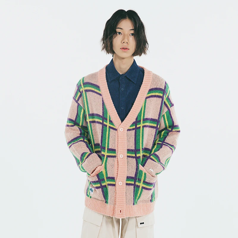 潮牌春季新款V领格纹针织衫男宽松百搭绿色开衫女设计感