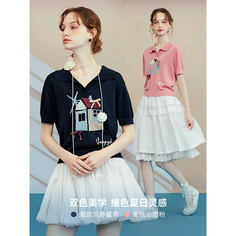 两三事梵高文艺糖屋环游甜美polo领提花针织衫