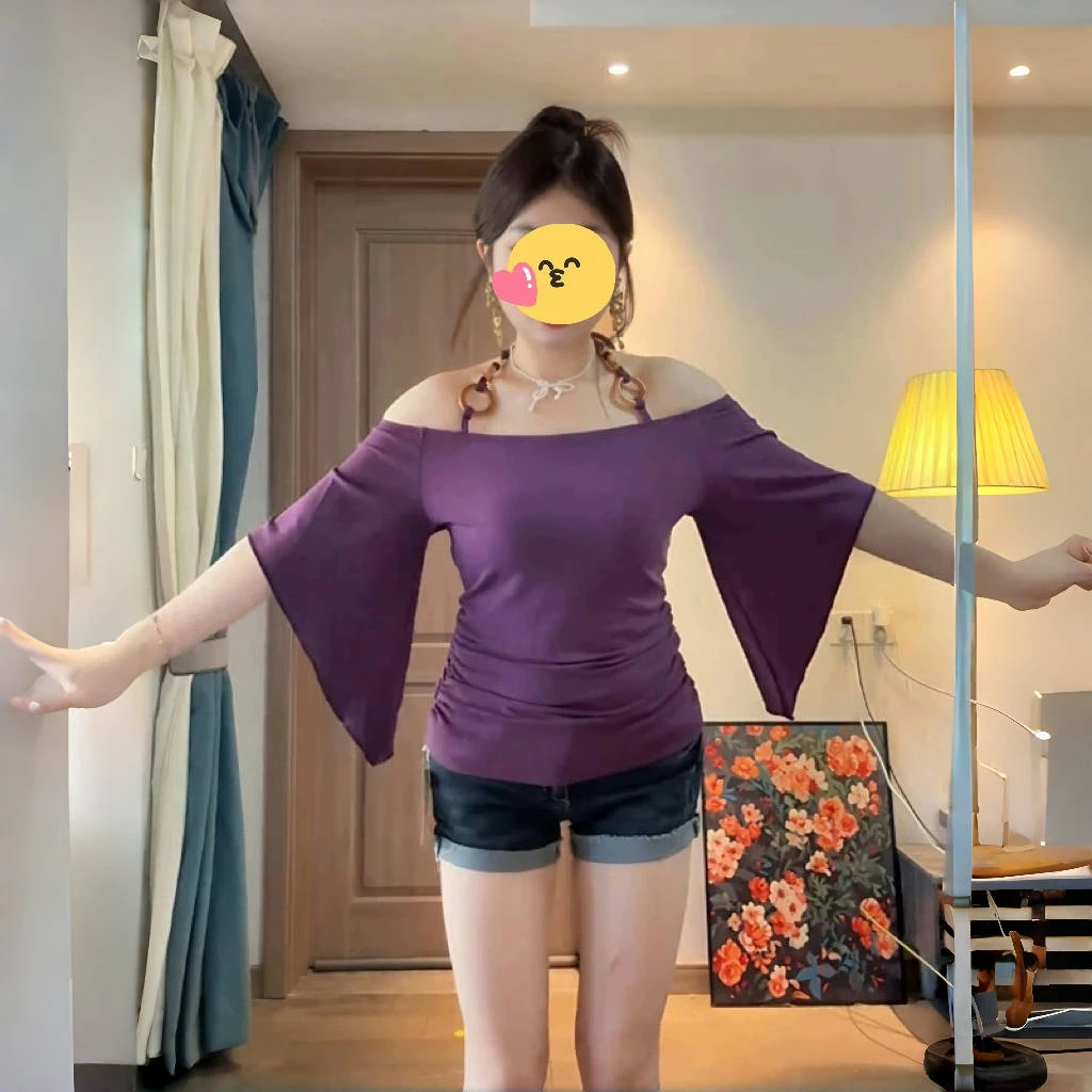 大码胖MM纯欲风一字肩高弹力修身T恤女夏季新款设计感洋气上衣潮