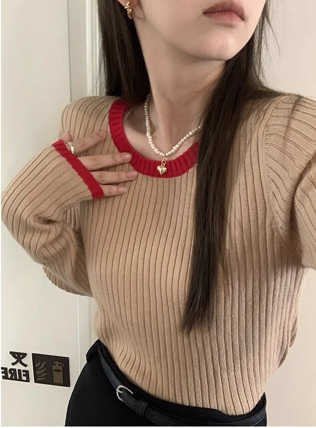 3679秋季新款简约通勤时尚撞色拼接设计感休闲修身小众针织毛衣女
