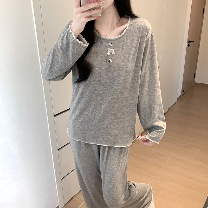 Meng luan/梦鸾春秋季新款纯色休闲睡衣女士长袖带胸垫家居服套装