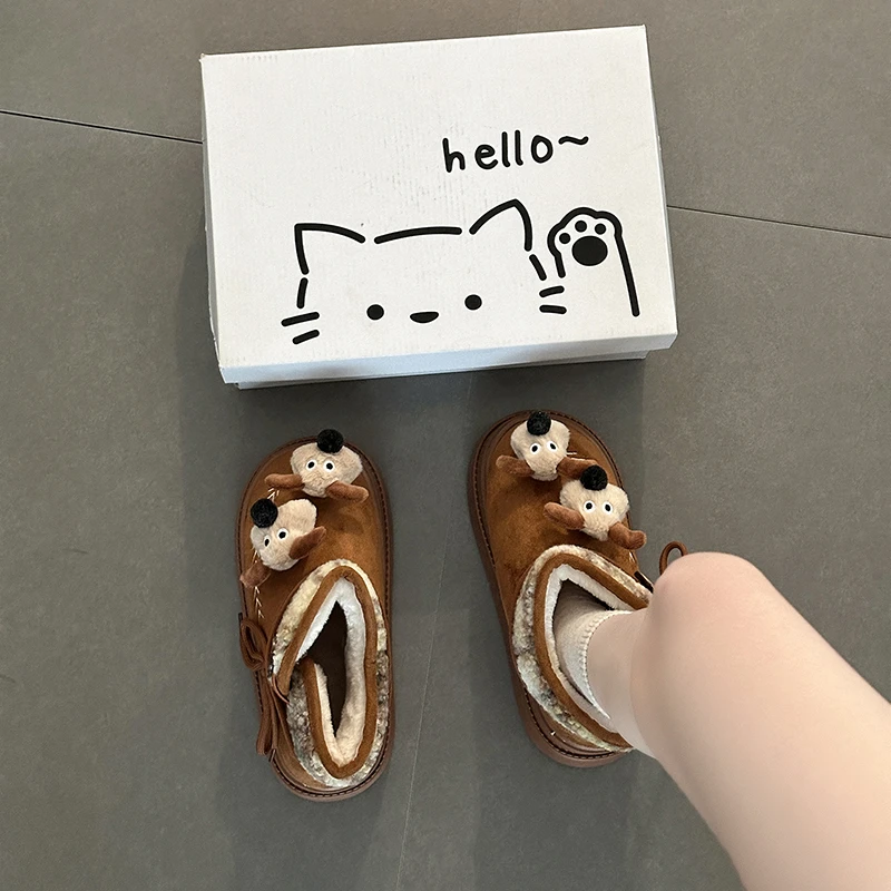 可爱厚底加绒勃肯雪地靴子女2025冬季新款休闲保暖防滑毛棉鞋短靴