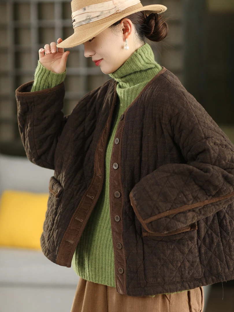 新款复古砂洗炒色100%亚麻夹棉女生棉袄重工菱格压线加厚棉服外套