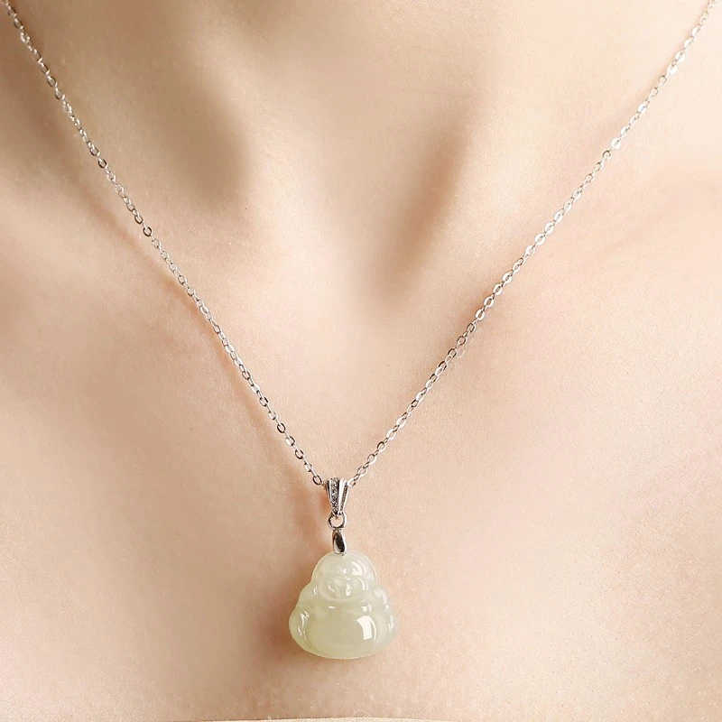 和田玉小弥勒佛项链上等弥勒佛银锁骨大肚笑脸佛公女款送女友礼物