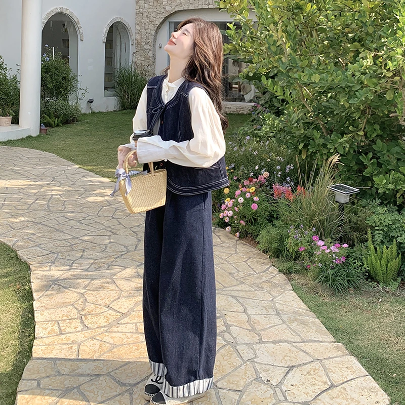 韩系复古明线牛仔套装春秋女2025新款设计感减龄马甲阔腿裤两件套