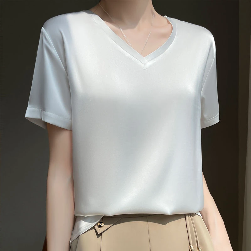 新款T恤缎面宽松短袖丝滑纯色上衣夏季半袖体恤醋酸面料短袖光滑
