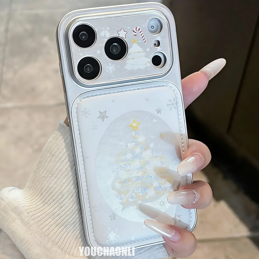 皮质大视窗银边圣诞树苹果17promax手机壳iPhone16151413女14pro