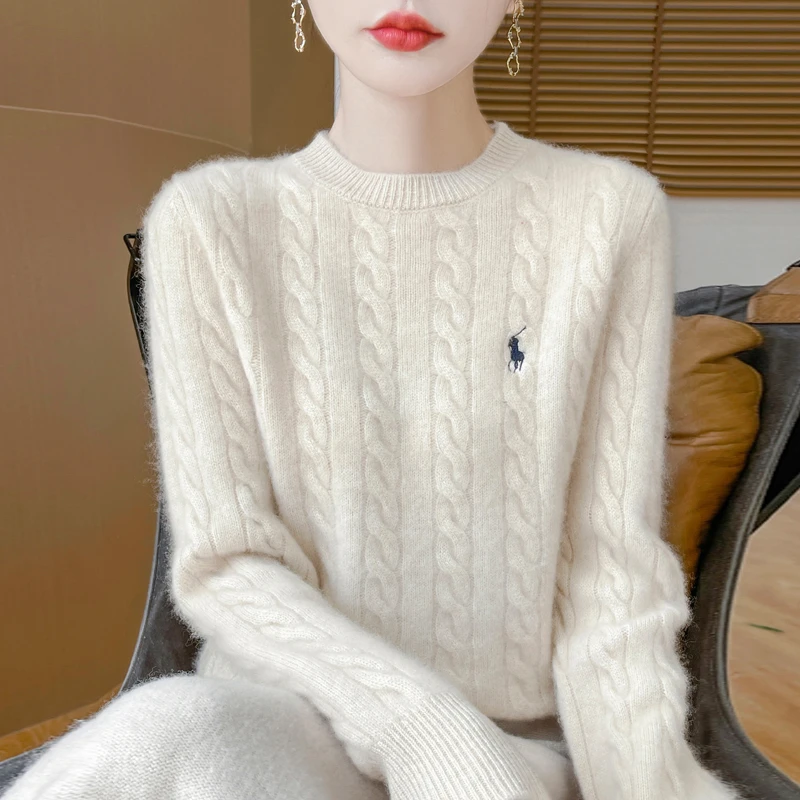 年轻十岁~秋冬新款时尚圆领100羊毛加厚刺绣绞花羊毛衫女针织衫