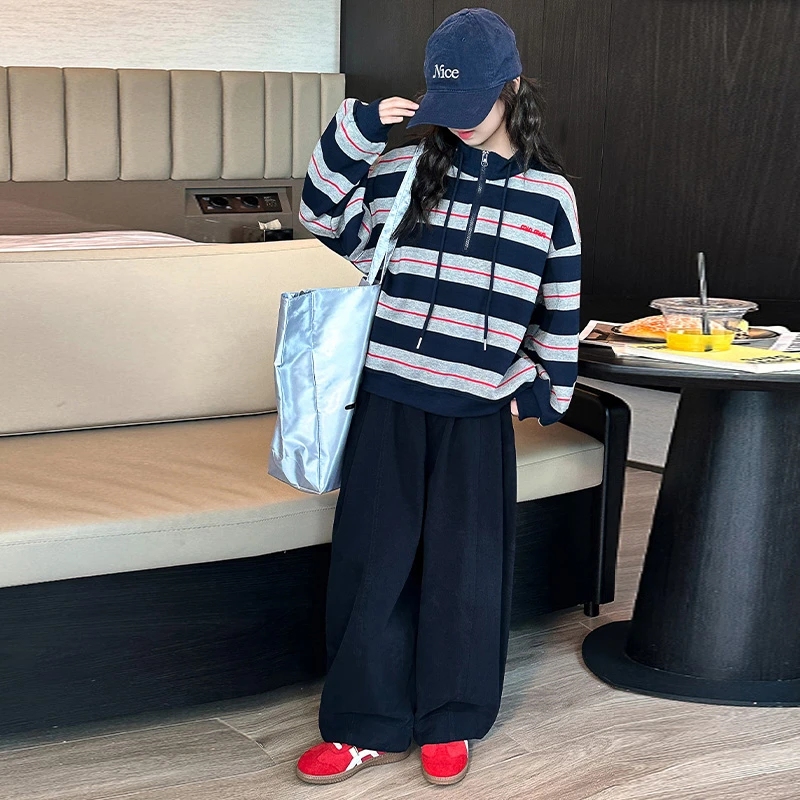 女童10-15岁大童套装秋装儿童洋气宽松条纹卫衣休闲裤两件套12岁