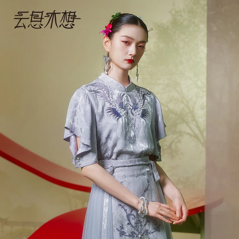 Ysimo-X云思木想新中式2024夏季绣花钉珠不规则绣提花衬衫11612