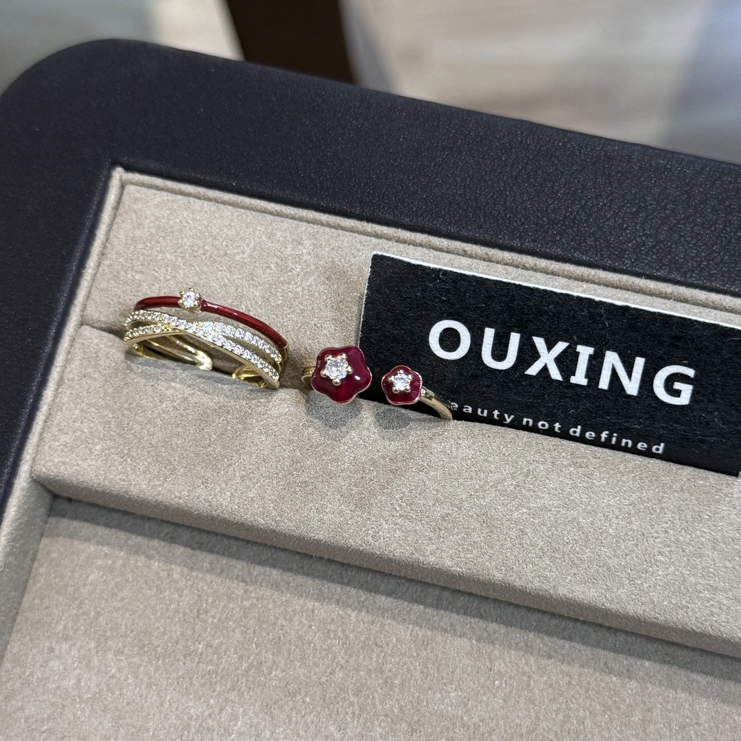 铜合金戒指 时尚红色双层镶钻小花小众戒指