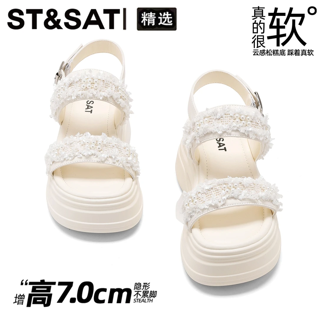 星期六一字式扣带珍珠凉鞋女2025新款厚底时尚凉鞋小香风气质女鞋