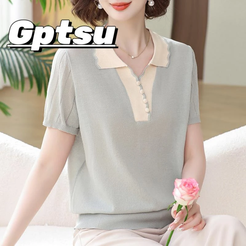 GPTSu妈妈装时尚针织小衫翻领冰丝上衣新款中老年夏装短袖T恤宽松