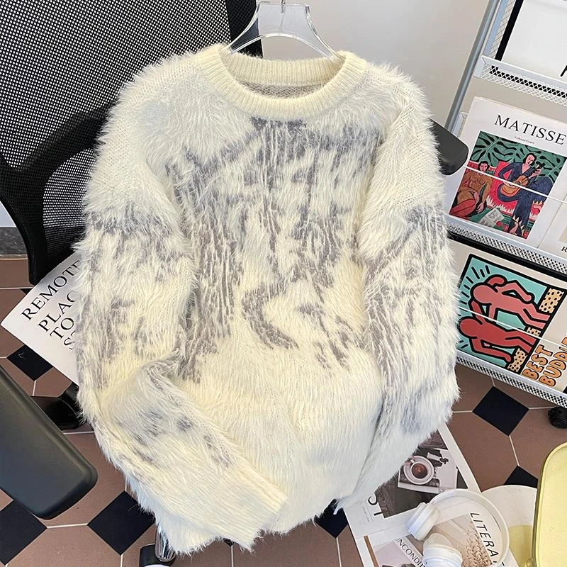 秋冬潮牌水貂绒毛衣男圆领套头日系复古宽松加厚青少年保暖针织衫