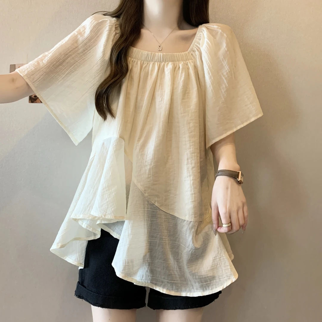 法式不规则超仙短袖雪纺衫夏微胖大码设计感遮肚子娃娃衫减龄上衣