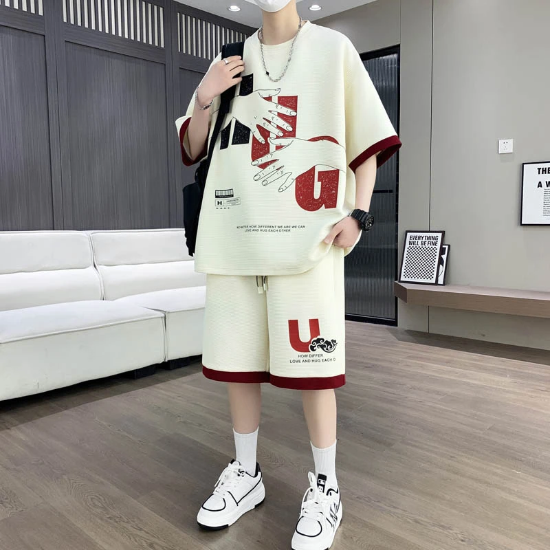 青少年休闲运动套装男生夏季华夫格套装帅气ins学生薄款两件套