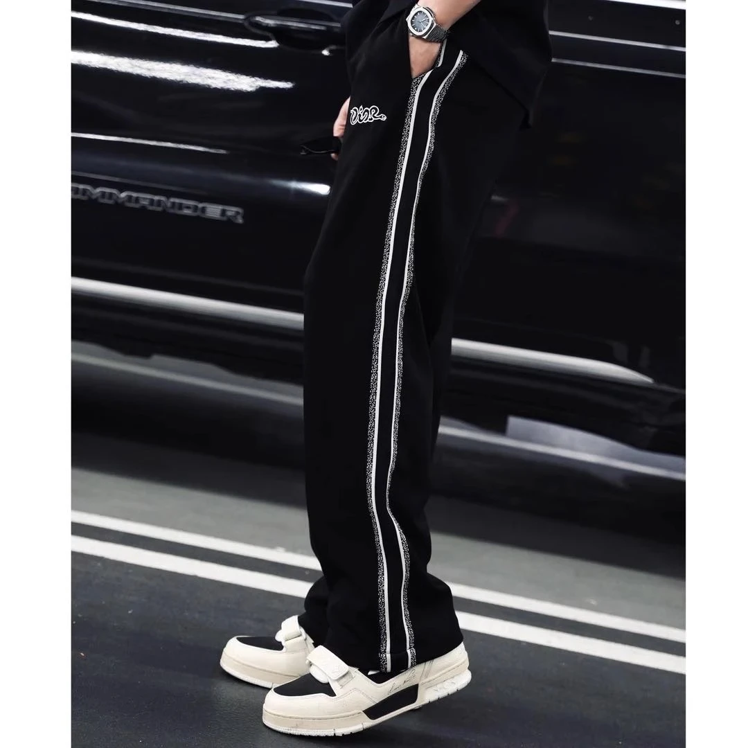 轻奢欧货花边织带直筒裤男士夏季新款精工刺绣简约百搭垂感休闲裤