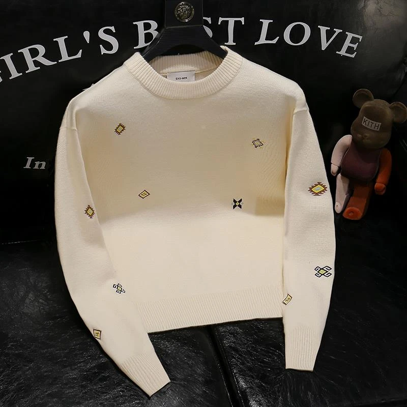 2025秋冬新款潮牌男装时尚简约刺绣圆领毛衣痞帅休闲打底针织衫