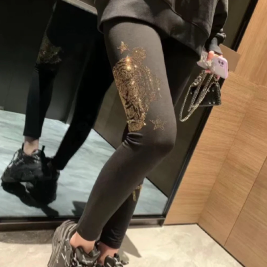 2024春季烫钻潮牌虎头打底裤修身