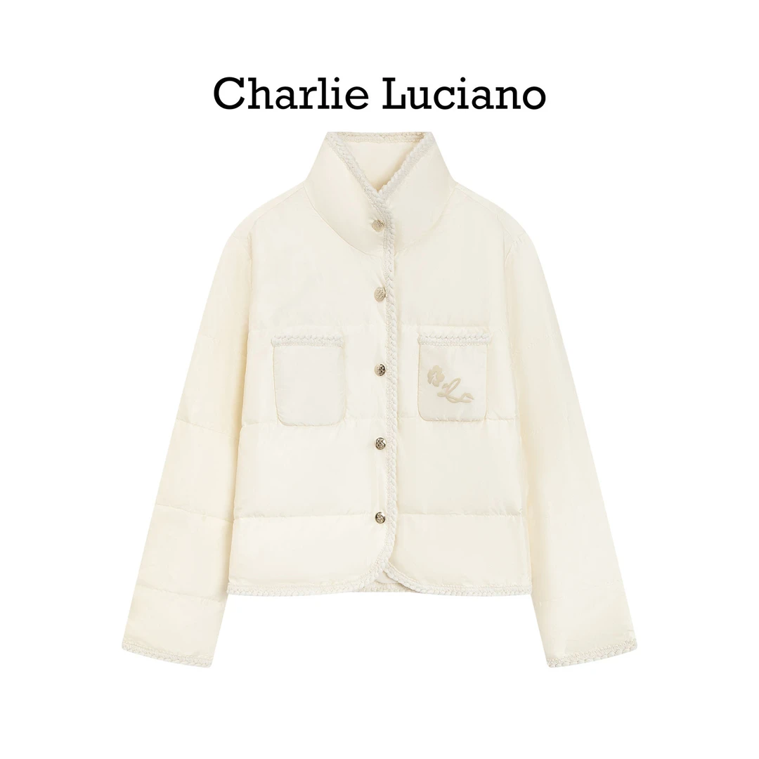 Charlie Luciano2025冬季新款拼粗花呢织带薄羽绒夹克