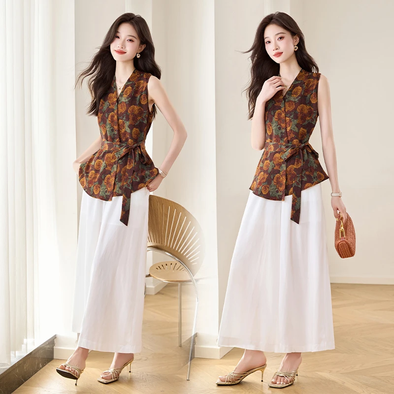 复古印花收腰系带套装女2025年夏季新款无袖V领减龄阔腿裤两件套