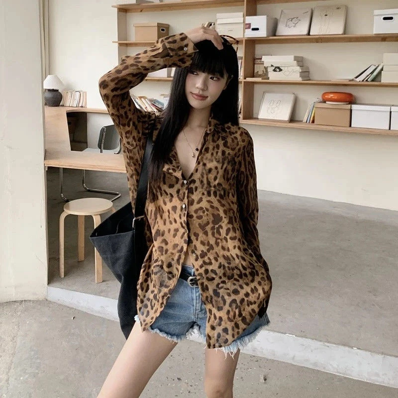 法式时尚豹纹薄款微透防晒衣雪纺衬衫女夏季宽松显瘦气质开衫上衣
