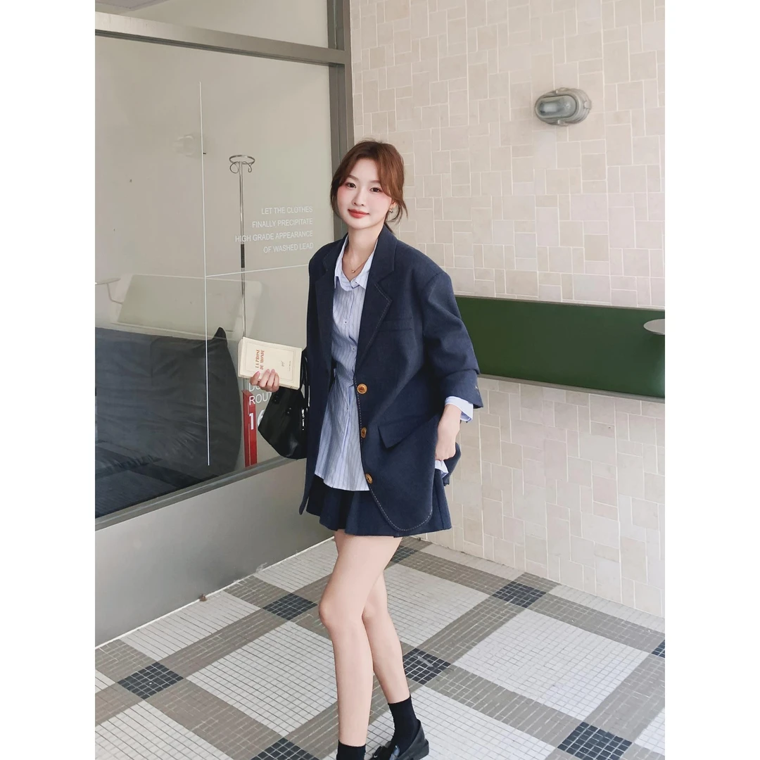 深蓝色慵懒风气质西装套装裙女秋季2025新款一整套百褶短裙两件套