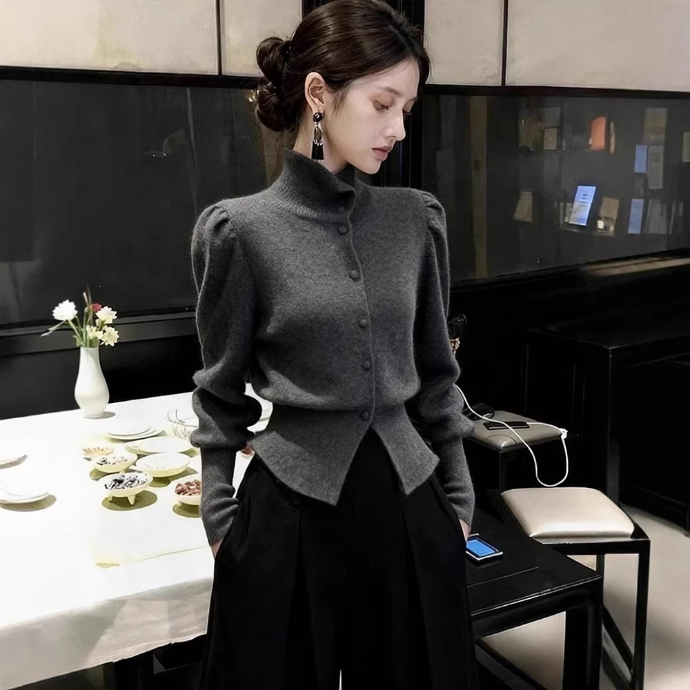 15天发货深灰针织衫女秋冬内搭巨好看气质法式小香风掐腰高领毛衣