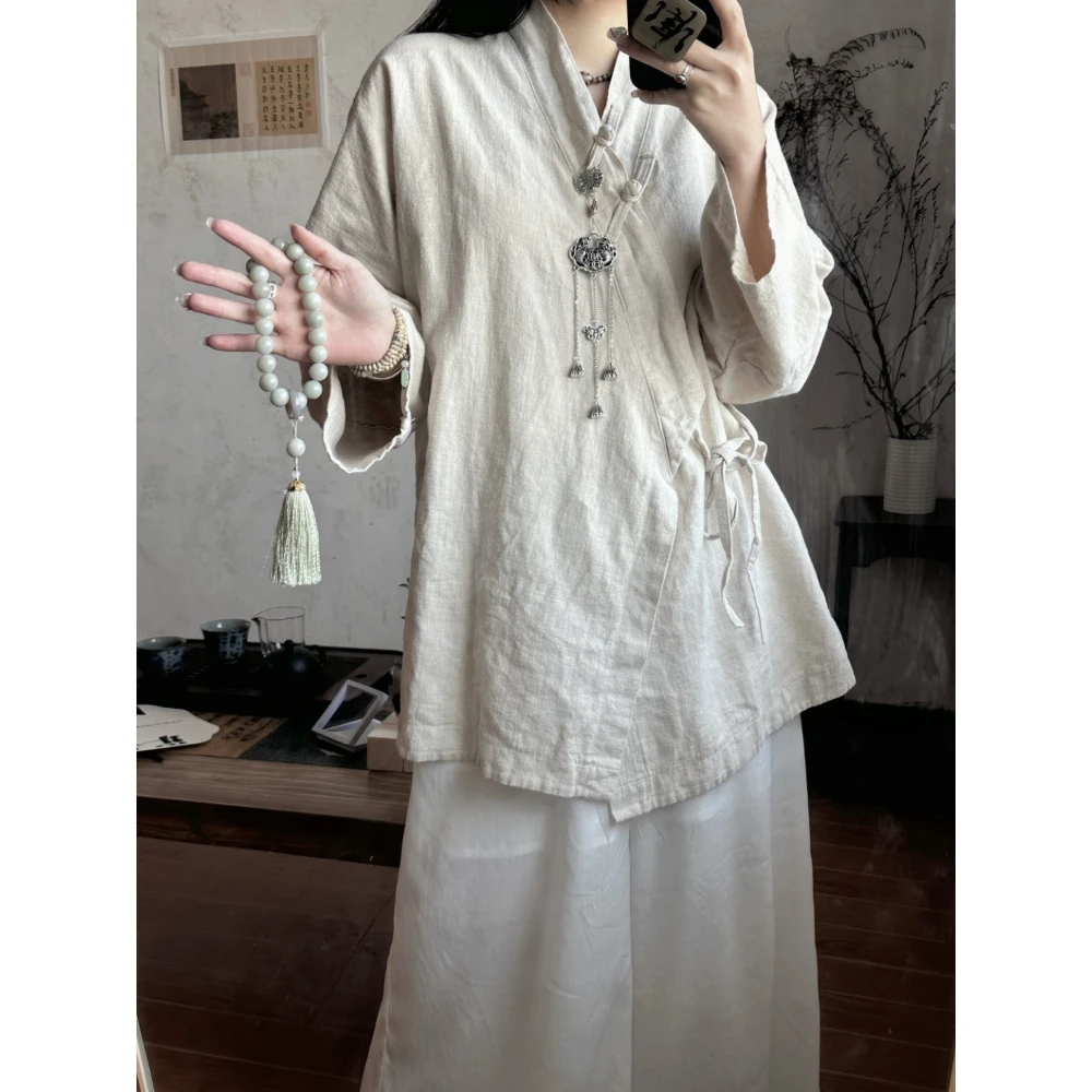 新中式衬衫上衣禅意改良唐装盘扣系带开衫宽松阔腿裤两件套女秋季