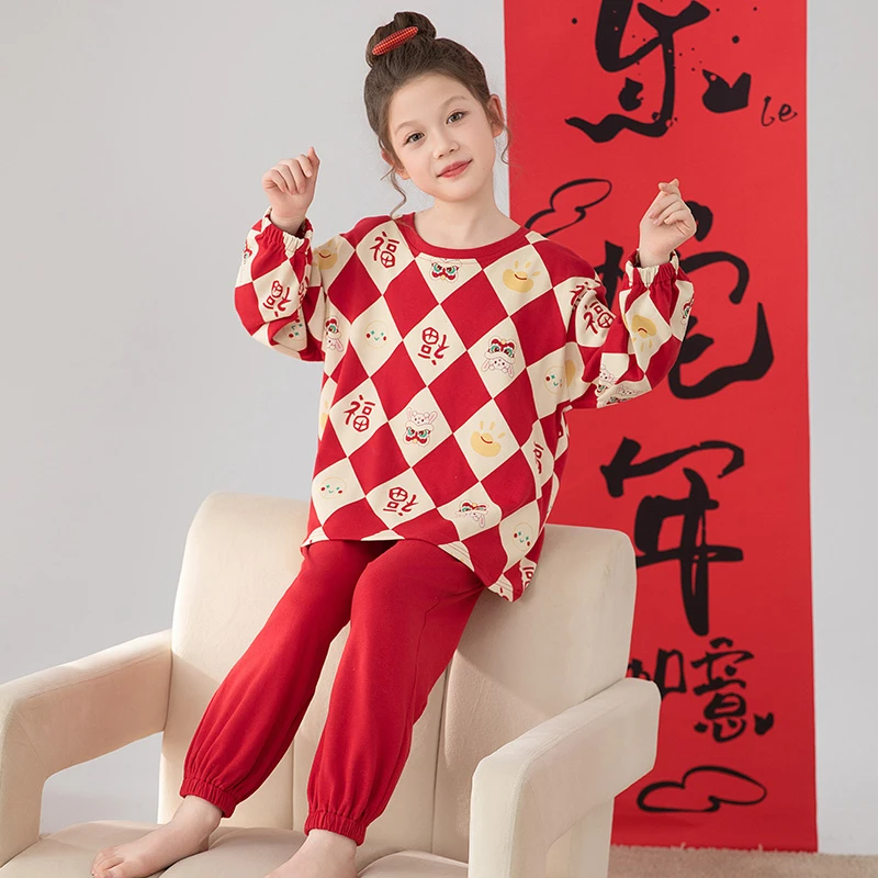 儿童睡衣春秋季2025年红色纯棉长袖本命年卡通女童宝宝家居服套装