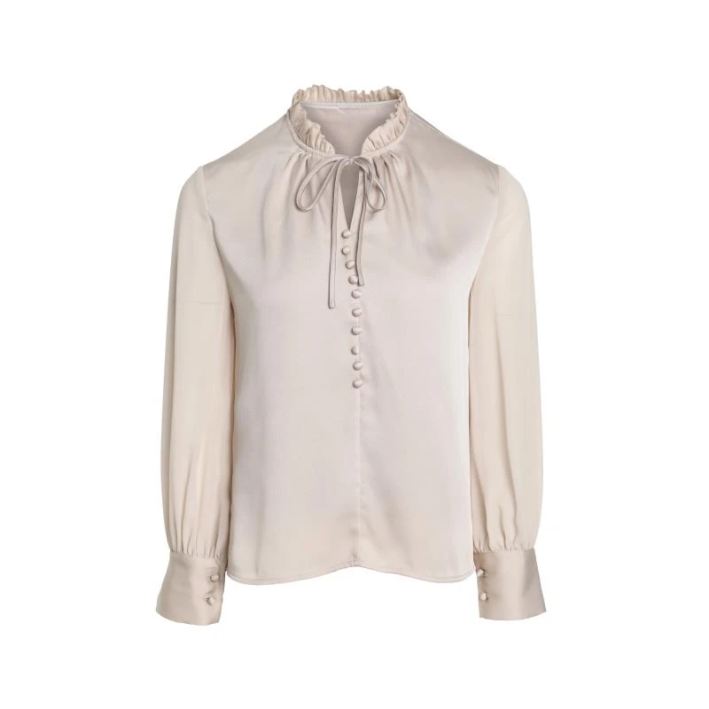 百搭法式温柔米色镂空领木耳边长袖衬衫0003