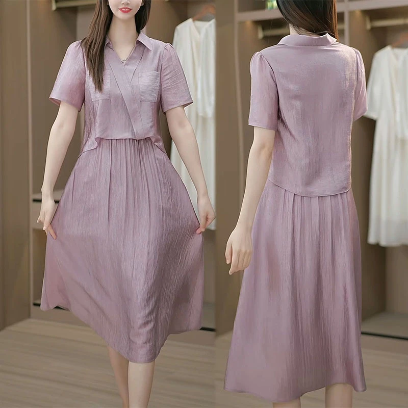 时尚翻领短袖连衣裙女2025夏季新款洋气显瘦设计感中长款休闲裙子