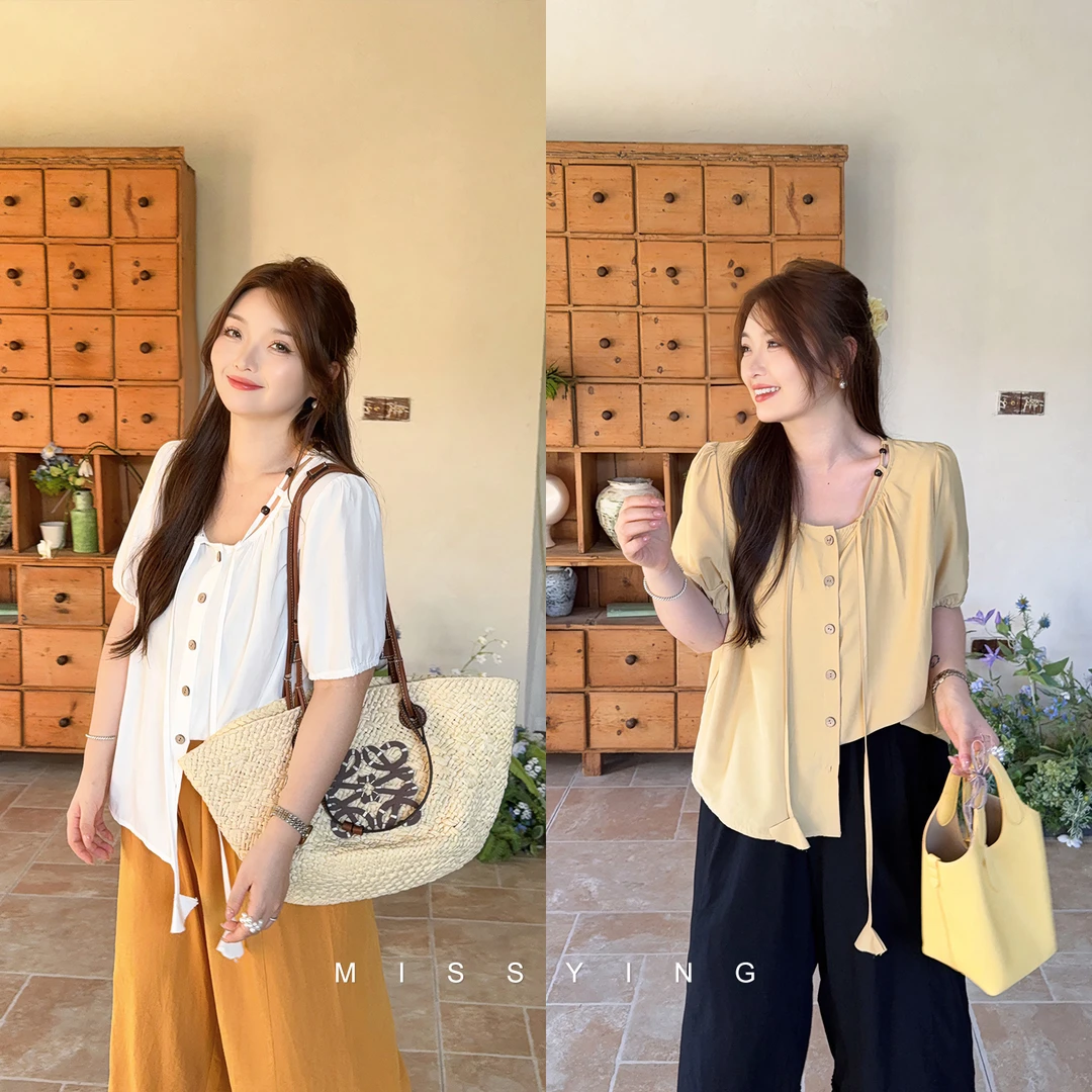 应小姐【兮禾】微胖大码女装韩系温柔风气质款纯色设计风雅夏日小衫
