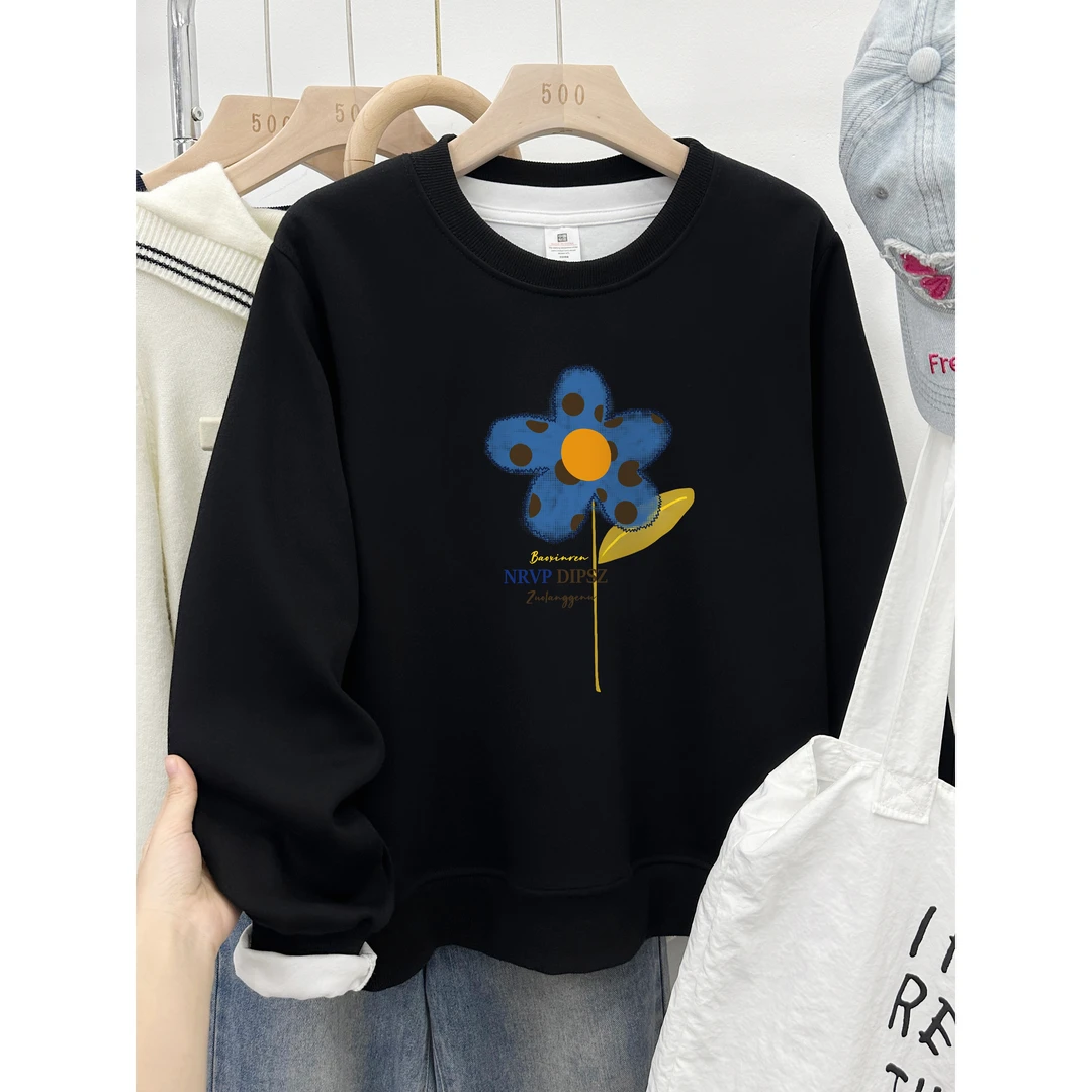 大码正肩卫衣女秋冬新款胖mm大码设计感洋气花朵印花加绒加厚上衣