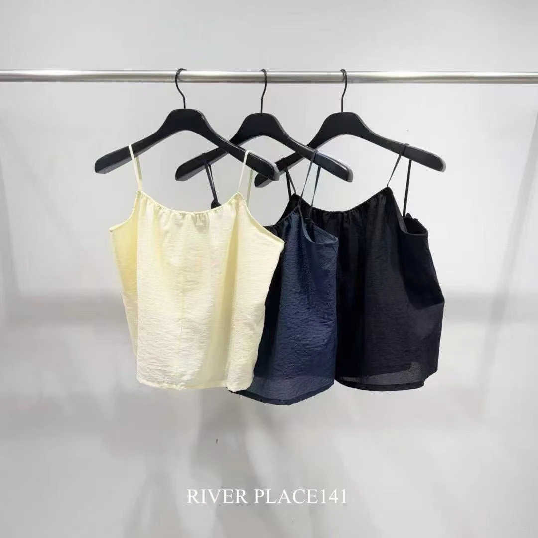 现river韩国东大门代购2025夏季新款减龄透气抽褶细肩吊带背心