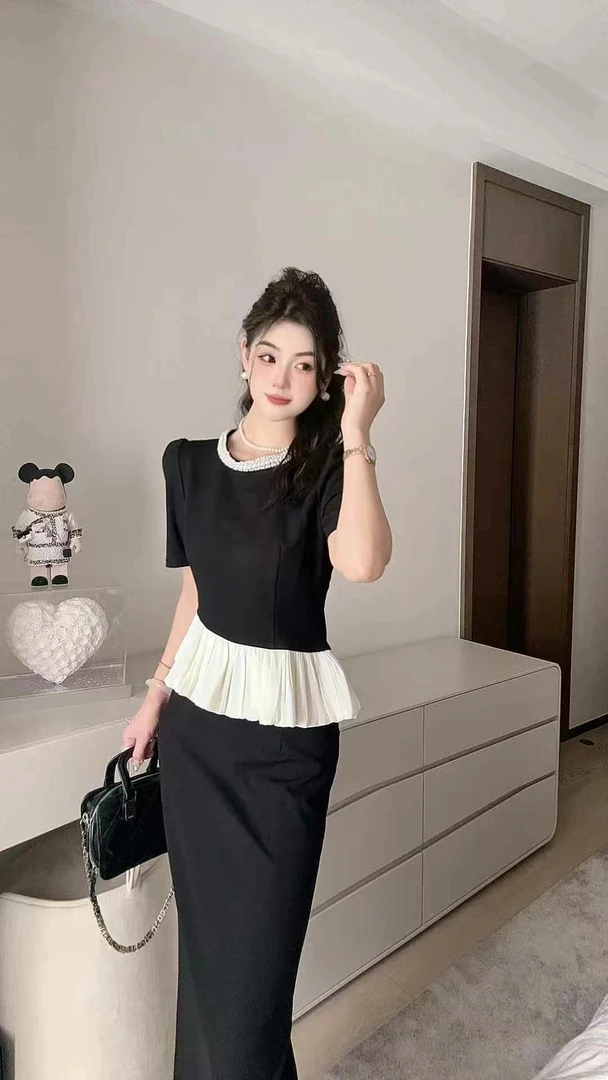 Haige/海阁RUILING高级感连衣裙女夏季显瘦荷叶边撞色包臀裙13015