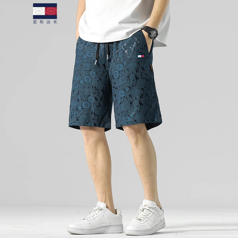 正品霍斯汤米夏季休闲短裤男士运动冰丝满印款时尚五分裤直筒裤男