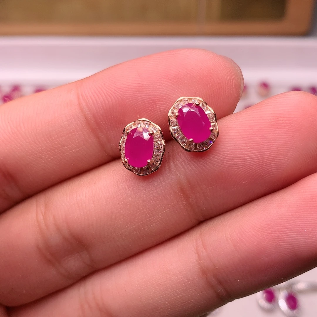 红宝石耳饰银S925镶嵌