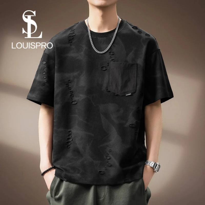 Louispro高端设计感破洞印花男士短袖夏季新款复古宽松休闲T恤男