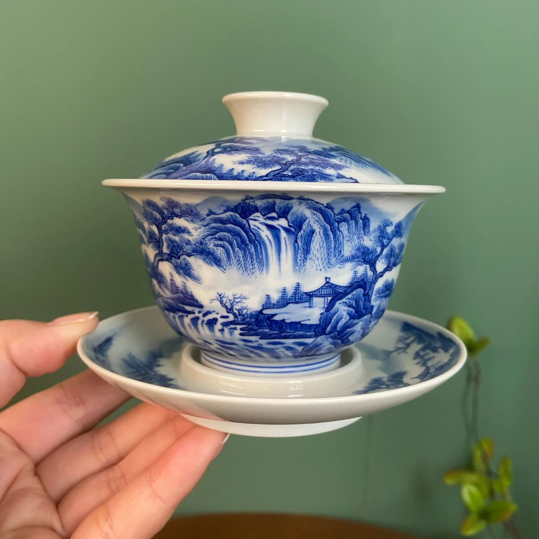 【九茗珍藏】精品山水三才盖碗容量150cc手工手绘老板杯景德镇茶具