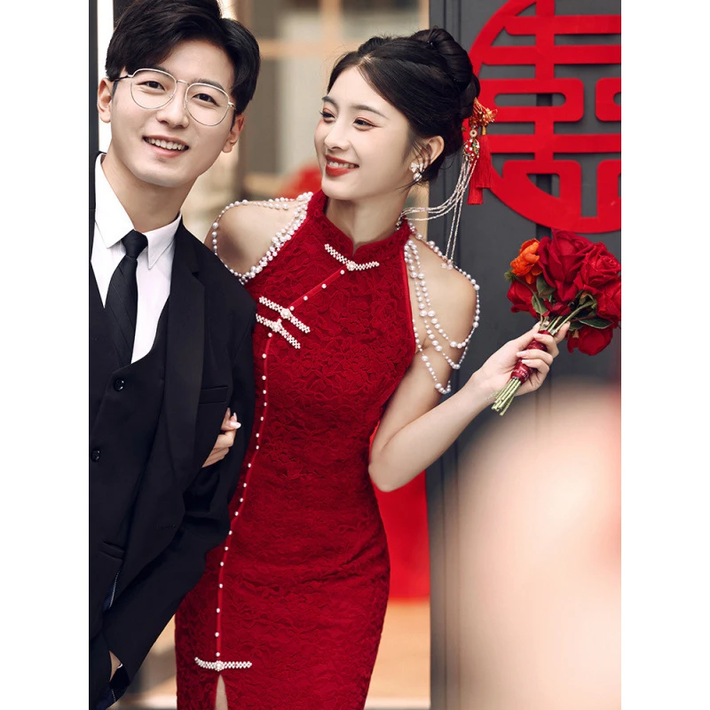 旗袍服小个子订服裙酒红色蕾丝中式年轻款回门女结婚敬酒新娘婚礼