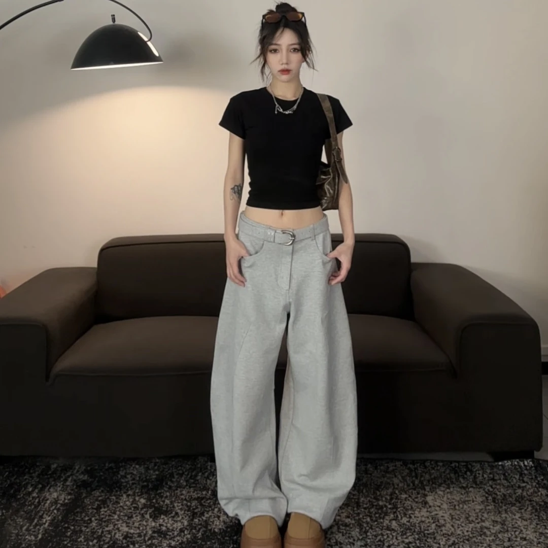 【夏日新款】日常百搭休闲显瘦卫裤美式复古设计弯刀阔腿裤#3129
